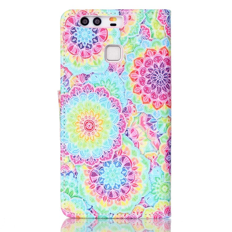 Cross Pattern Wallet Leather Stand Case for Huawei P9 - Colorful Flowers-2