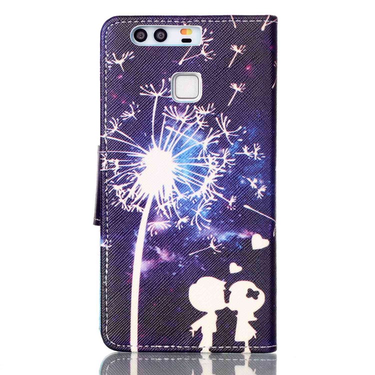 Cross Pattern Wallet Leather Stand Cover for Huawei P9 - Lovers and Dandelion Pattern-2