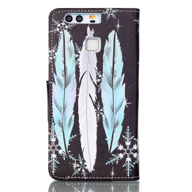 Cross Pattern Leather Wallet Case for Huawei P9 - Feathers Pattern-2