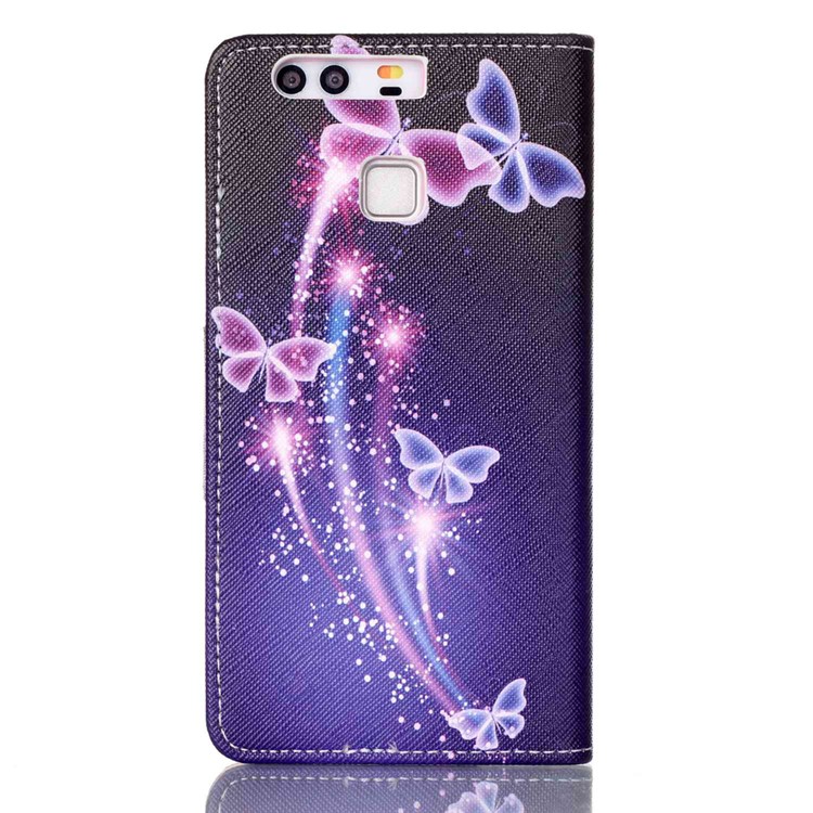 Cross Pattern Magnetic Leather Stand Cover for Huawei P9 - Vivid Butterflies-2