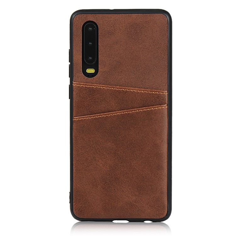 Phone Case for Huawei P30, Dual Card Slots PU Leather Coated Hard PC Cover Case - Coffee-2