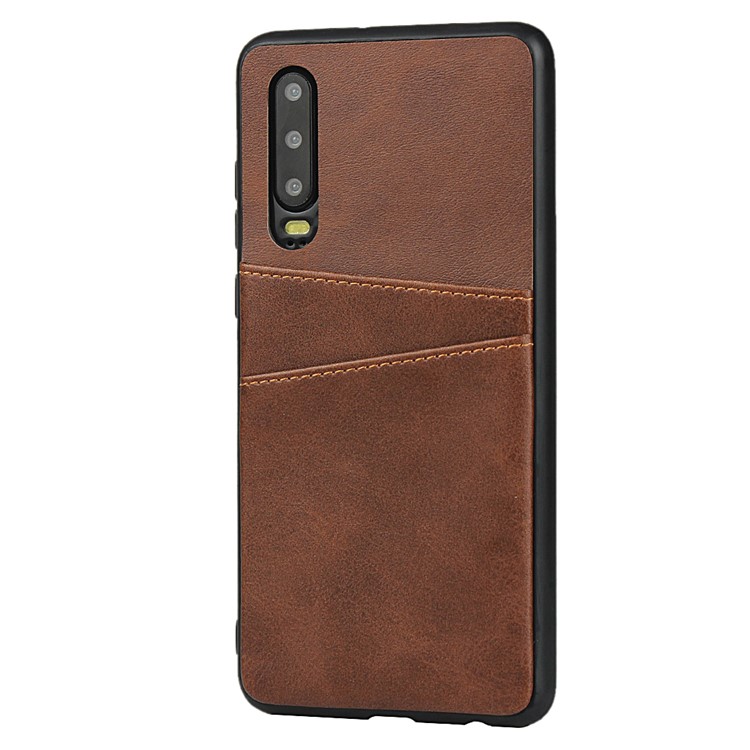 Phone Case for Huawei P30, Dual Card Slots PU Leather Coated Hard PC Cover Case - Coffee-3