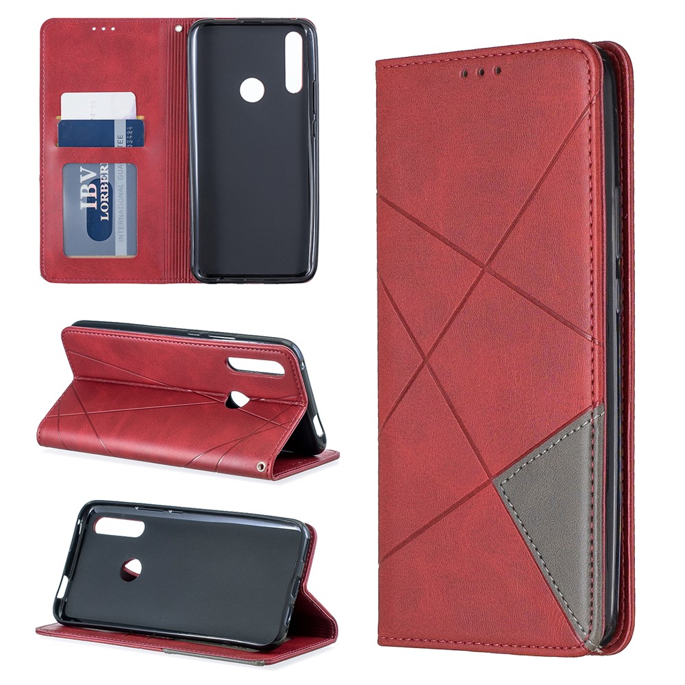 Protetor De Cartão De Couro Padrão Geométrico Titular Caso Para Huawei P Inteligente Z / Y9 Prime 2019 - Vermelho-1