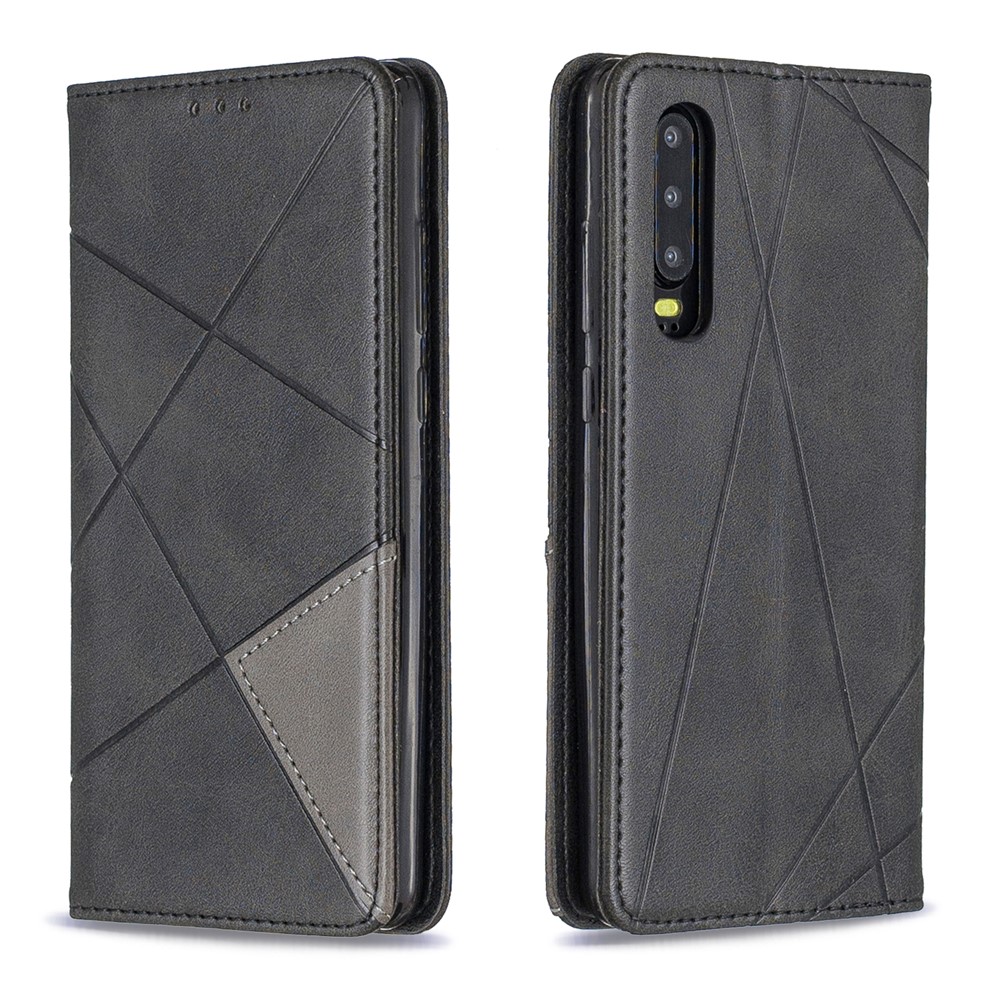 Estuche de Teléfono de Cuero de Patrón Geométrico Con Soporte Para Tarjetas Para Huawei P30 - Negro