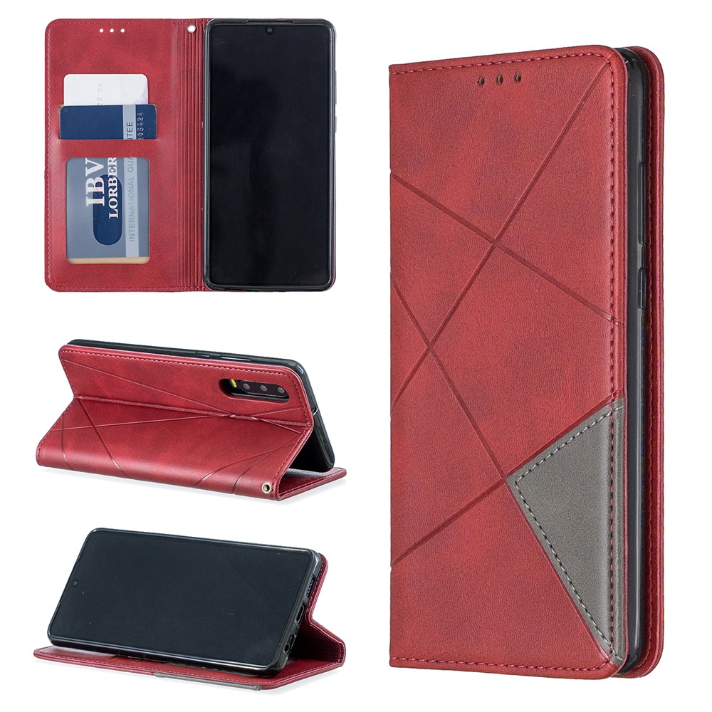 Etui Pour Téléphone Avec Support En Cuir À Motif Géométrique Avec Porte-cartes Pour Huawei P30 - Rouge-1