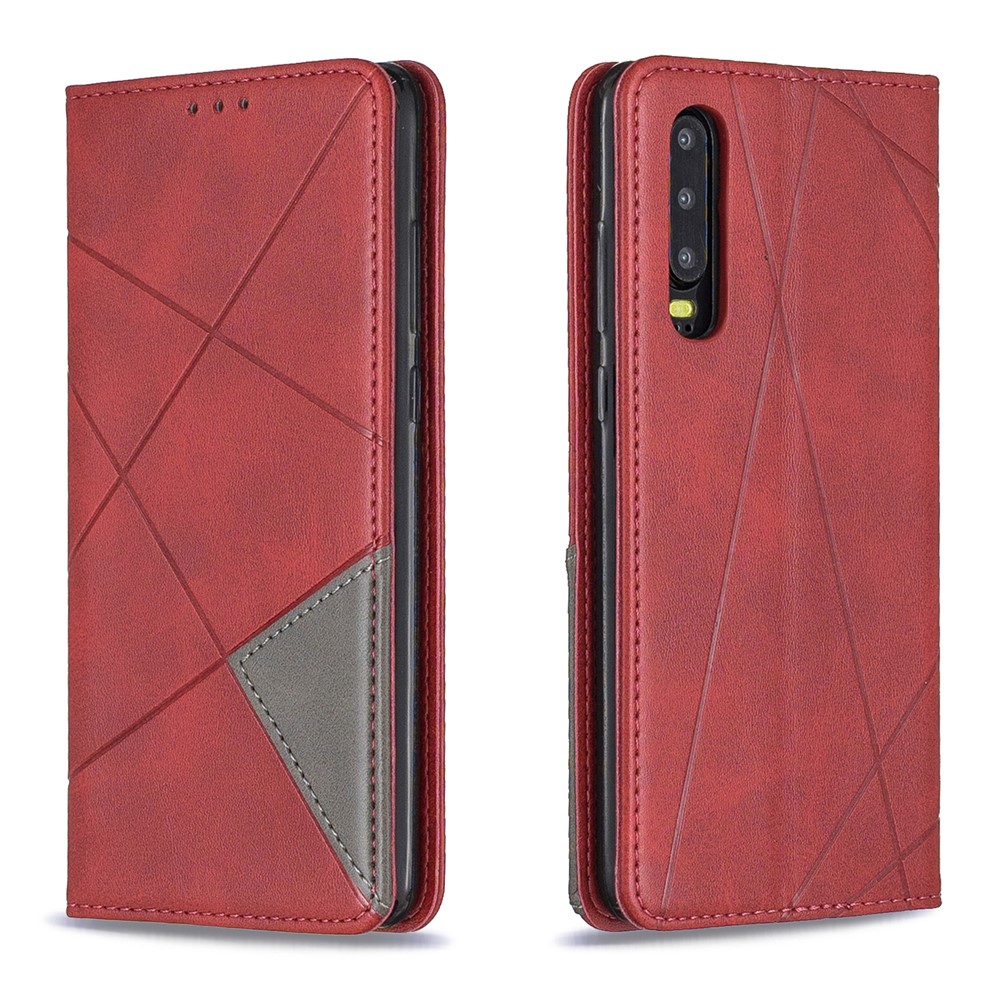Etui Pour Téléphone Avec Support En Cuir À Motif Géométrique Avec Porte-cartes Pour Huawei P30 - Rouge-4