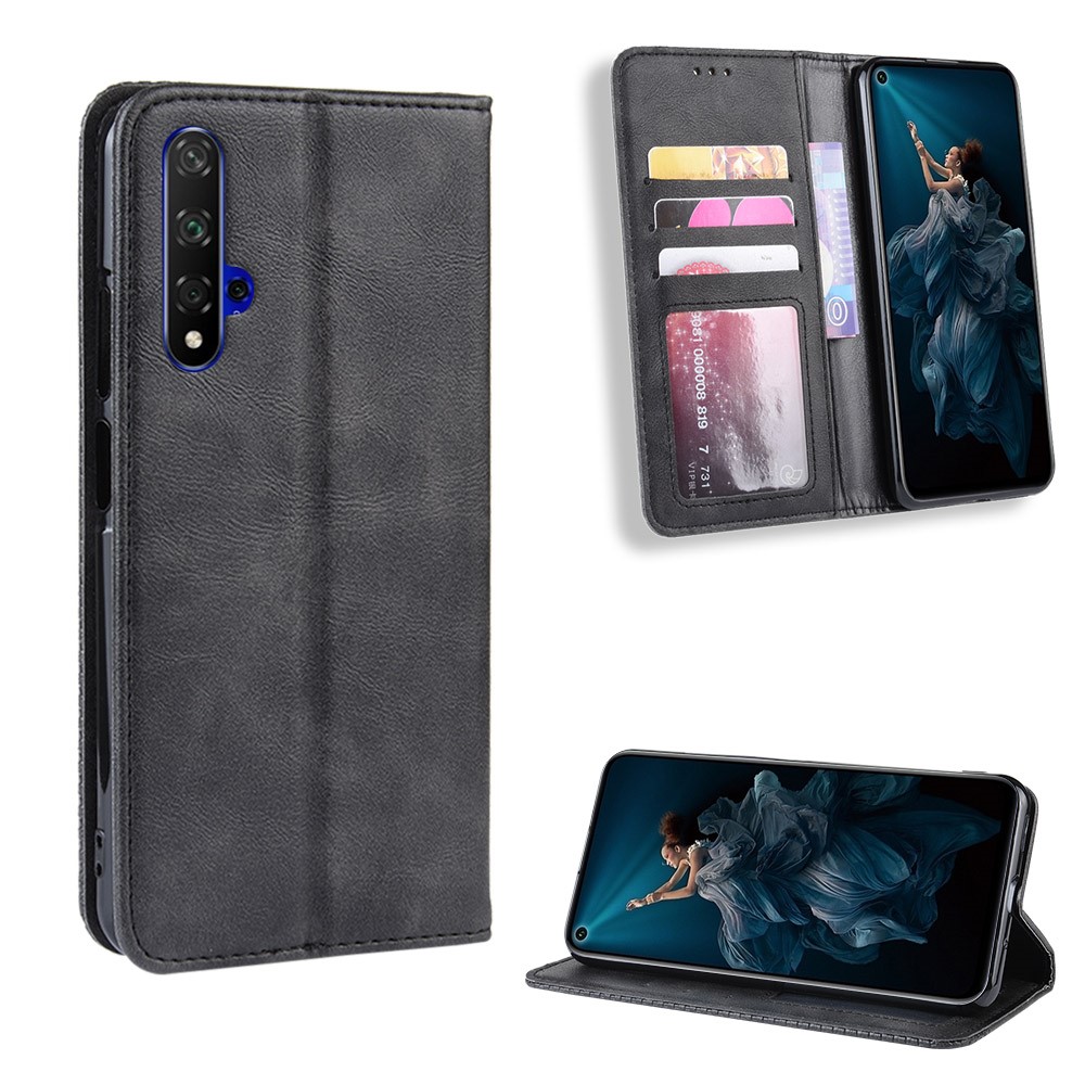 Vintage Style Leather Wallet Phone Cover for Huawei Honor 20/nova 5T - Black-1