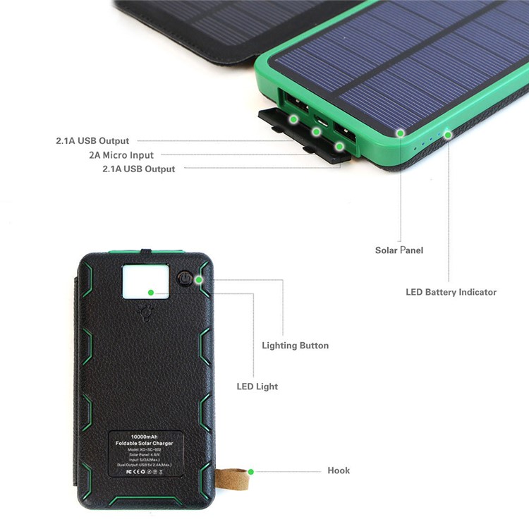X-DRAGON XD-SC-002 Waterproof 10000mAh USB Solar Powered Phone Charger Portable Solar Power Bank - Green-3