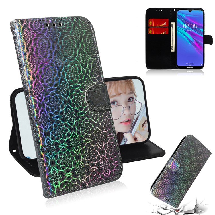 Estojo De Carteira Carteira De Couro Padrão De Flor Para Huawei Y6 (2019, Com Sensor De Impressão Digital) / Y6 Principal (2019) - Cinzento-1