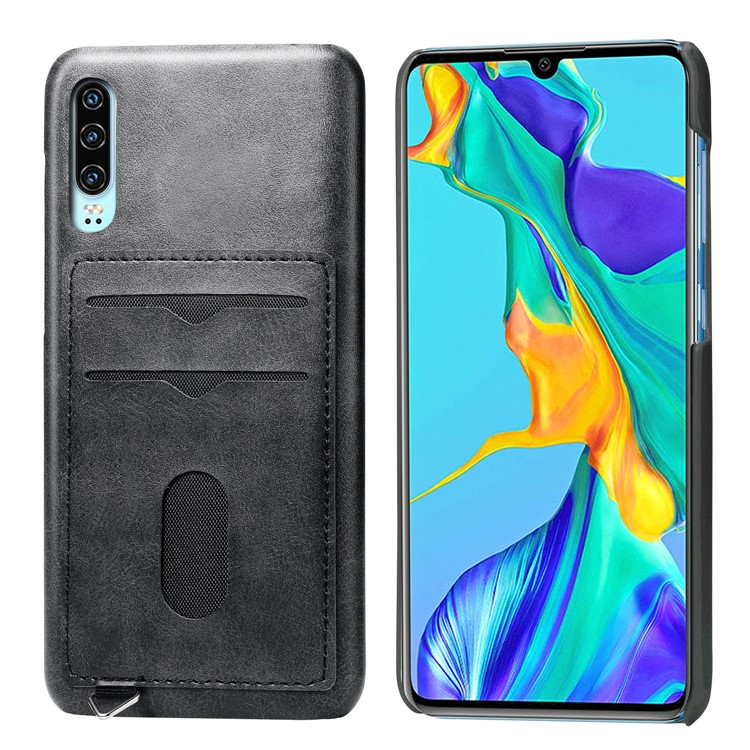 PU Leather Coated Hard PC Case with Card Slots for Huawei P30 - Black-1