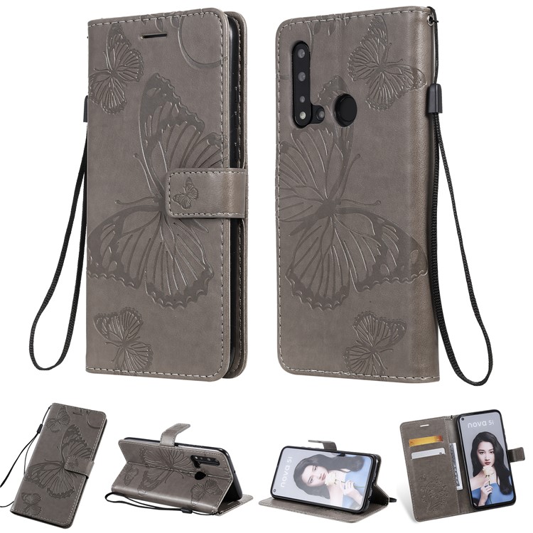 Imprint Butterfly Leather Wallet Case for Huawei P20 lite (2019) / nova 5i - Grey-1