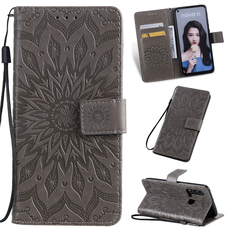 Imprint Sunflower Leather Wallet Stand Case for Huawei P20 lite (2019) / nova 5i - Grey-2