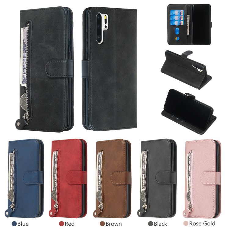 Zipper Pocket Wallet Stand PU Leather Case for Huawei P30 Pro - Black-13