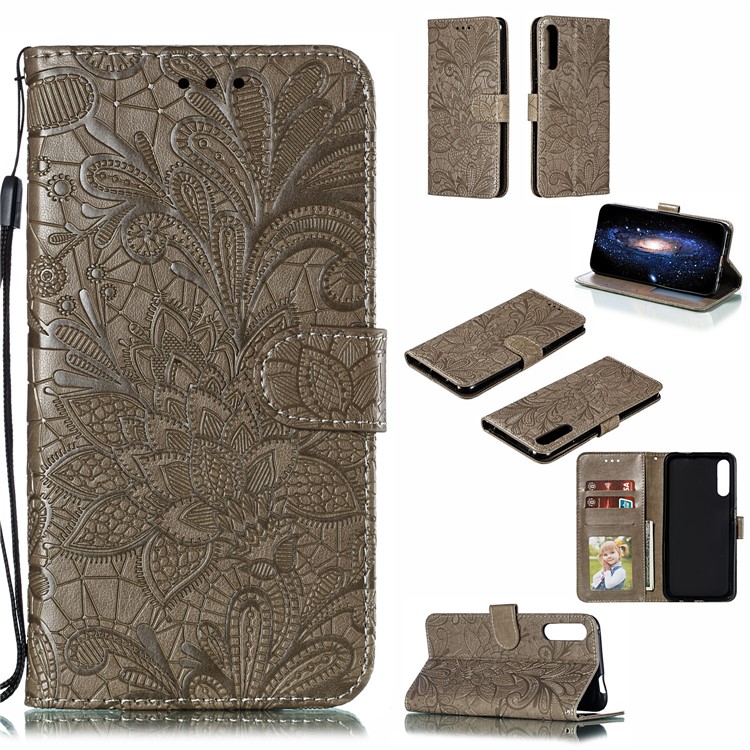 Lace Flower Imprinted Leather Wallet Casing for Huawei Honor 9X / 9X Pro - Brown-1