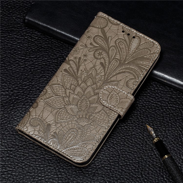 Lace Flower Imprinted Leather Wallet Casing for Huawei Honor 9X / 9X Pro - Brown-11