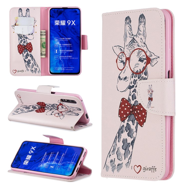 Printing Style Leather Wallet Phone Covering Case for Huawei Honor 9X / Honor 9X Pro - Adorable Giraffe Wearing Glasses-1