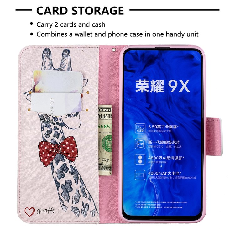 Printing Style Leather Wallet Phone Covering Case for Huawei Honor 9X / Honor 9X Pro - Adorable Giraffe Wearing Glasses-6