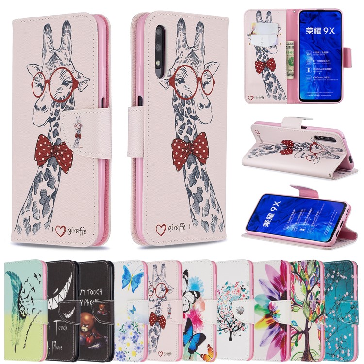 Printing Style Leather Wallet Phone Covering Case for Huawei Honor 9X / Honor 9X Pro - Adorable Giraffe Wearing Glasses-9