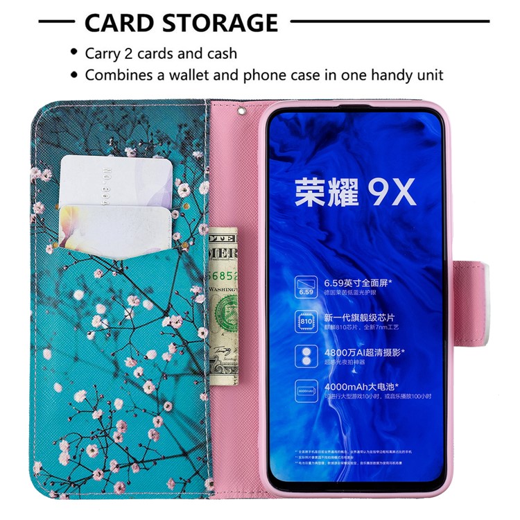Funda De Cuero Con Estampado De Billetera De Cuero Para Huawei Honor 9X / Honor 9X Pro - árbol Con Flores-6
