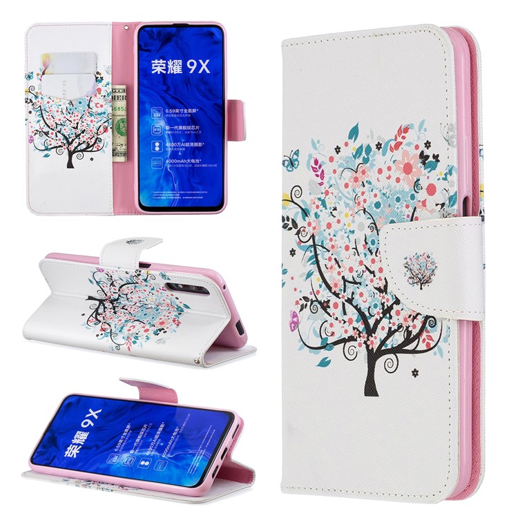 Custodia A Portafoglio In Pelle Stile Stampa Per Telefono Huawei Honor 9X / Onore 9X Pro - Albero Fiorito-1