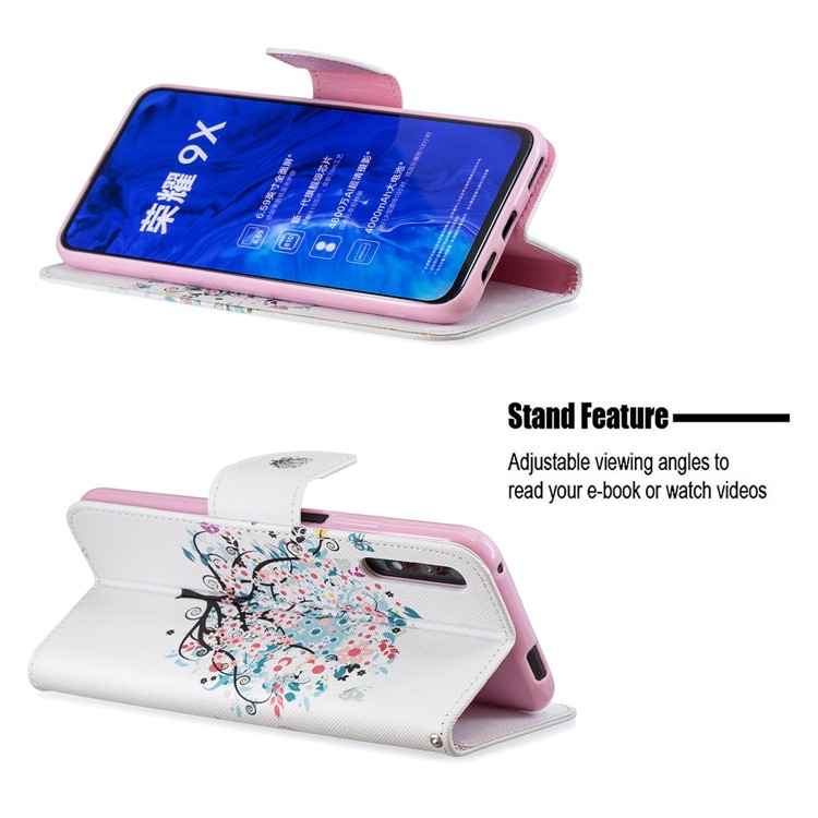 Custodia A Portafoglio In Pelle Stile Stampa Per Telefono Huawei Honor 9X / Onore 9X Pro - Albero Fiorito-5