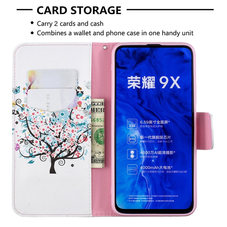 Custodia A Portafoglio In Pelle Stile Stampa Per Telefono Huawei Honor 9X / Onore 9X Pro - Albero Fiorito-6
