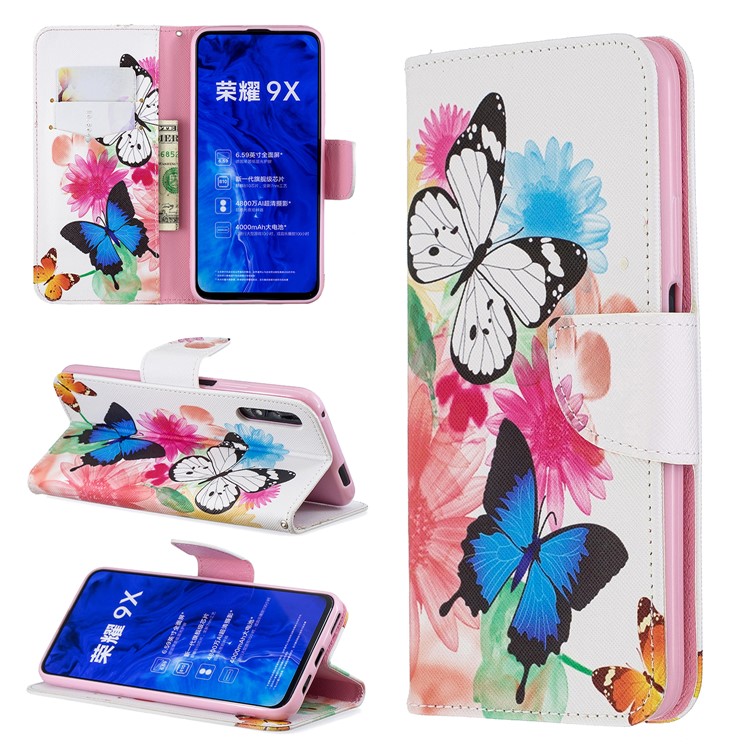 Funda De Cuero Con Estampado De Billetera De Cuero Para Huawei Honor 9X / Honor 9X Pro - Mariposas Y Flores-1