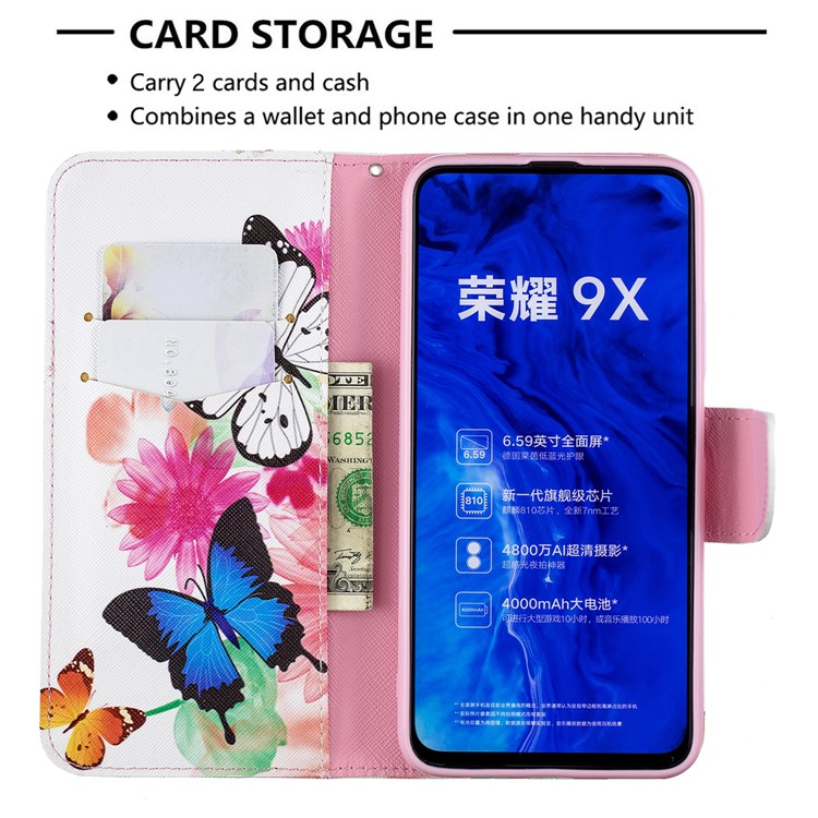 Funda De Cuero Con Estampado De Billetera De Cuero Para Huawei Honor 9X / Honor 9X Pro - Mariposas Y Flores-6