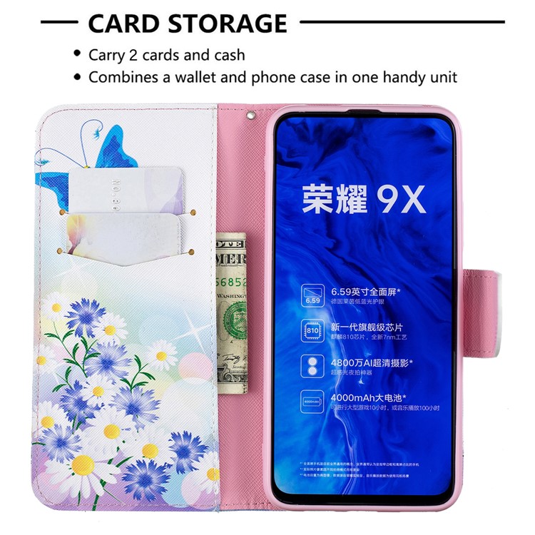 Funda De Cuero Con Estampado De Billetera De Cuero Para Huawei Honor 9X / Honor 9X Pro - Mariposas Azules-6