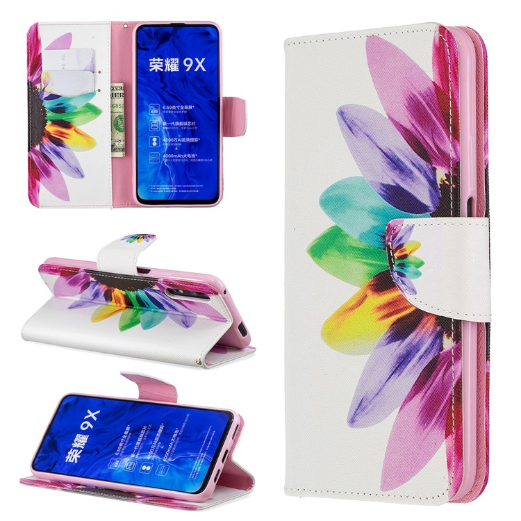 Funda De Cuero Con Estampado De Billetera De Cuero Para Huawei Honor 9X / Honor 9X Pro - Patrón De Pétalos-1