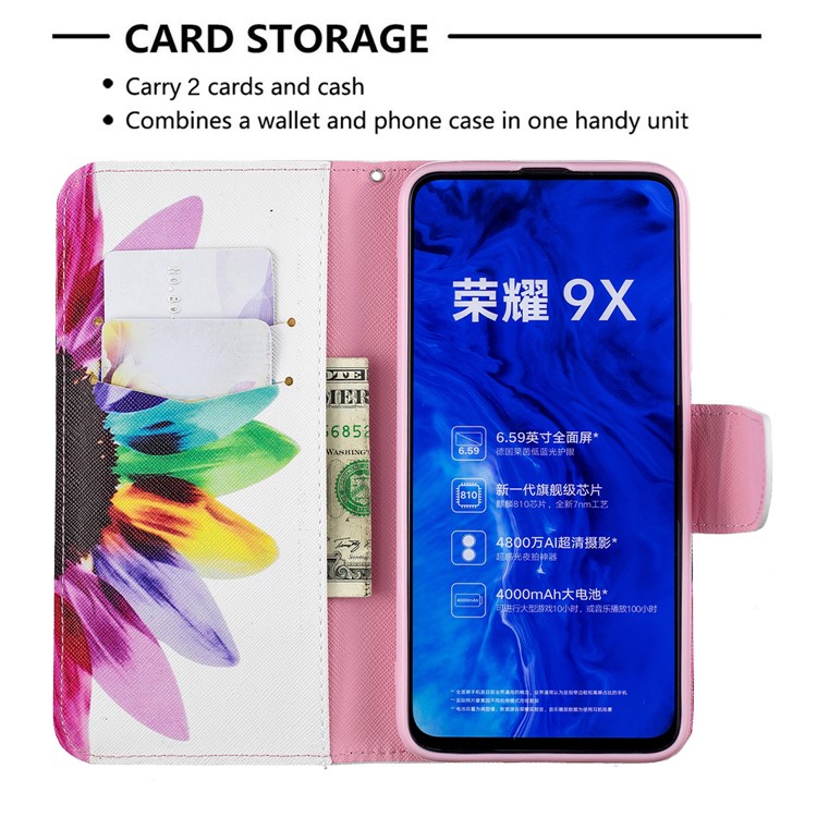 Funda De Cuero Con Estampado De Billetera De Cuero Para Huawei Honor 9X / Honor 9X Pro - Patrón De Pétalos-6