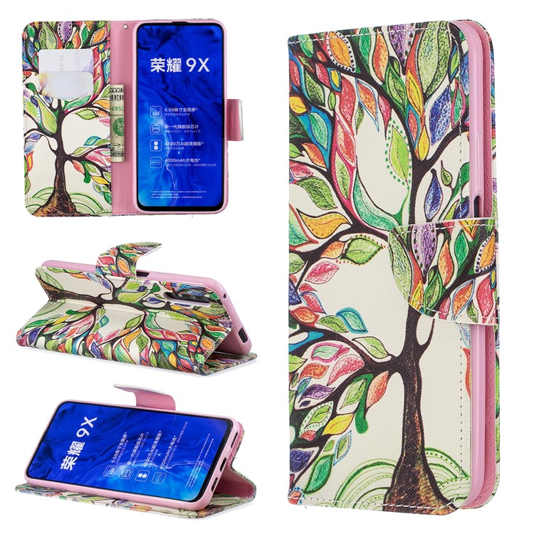 Funda De Cuero Con Estampado De Billetera De Cuero Para Huawei Honor 9X / Honor 9X Pro - árbol Coloreado-1