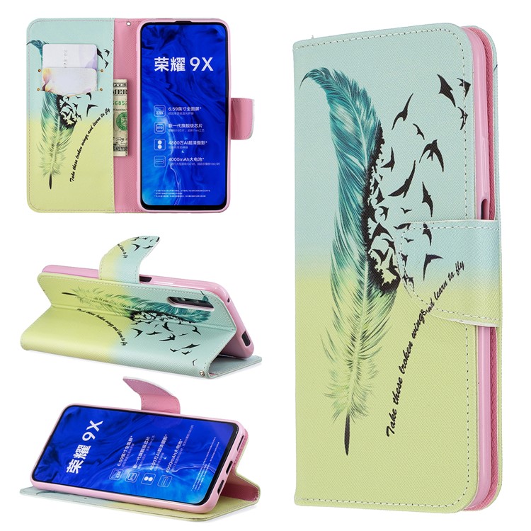 Custodia A Portafoglio In Pelle Stile Stampa Per Telefono Huawei Honor 9X / Onore 9X Pro - Modello Di Piume-1