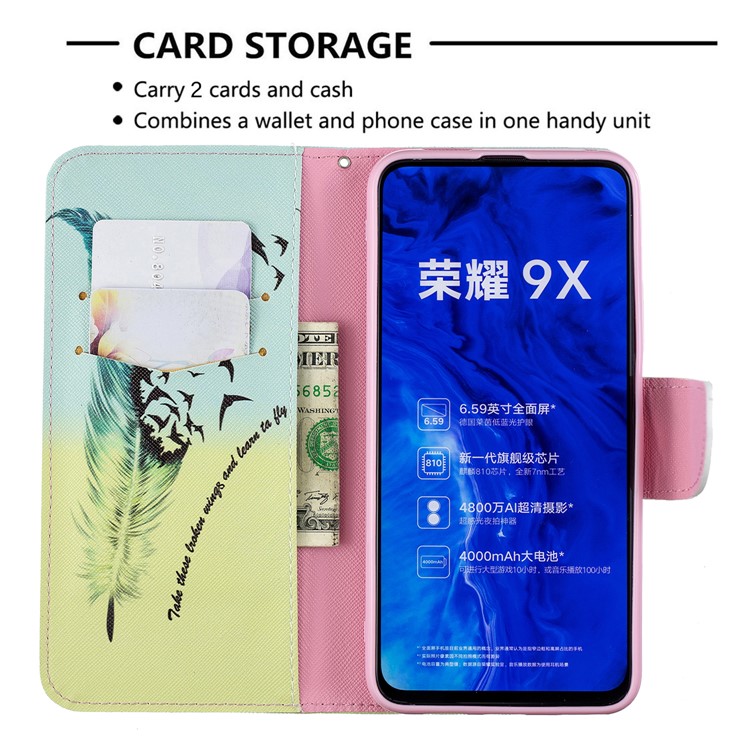 Custodia A Portafoglio In Pelle Stile Stampa Per Telefono Huawei Honor 9X / Onore 9X Pro - Modello Di Piume-6