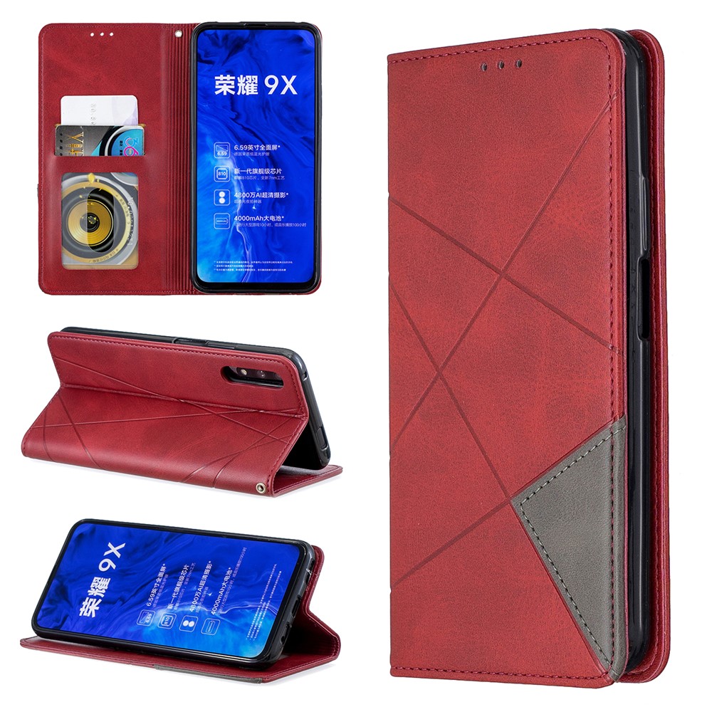 Estuche de Titular de Tarjetas de Cuero de Patrón Geométrico Para Huawei Honor 9x (para China) / 9x Pro - Rojo