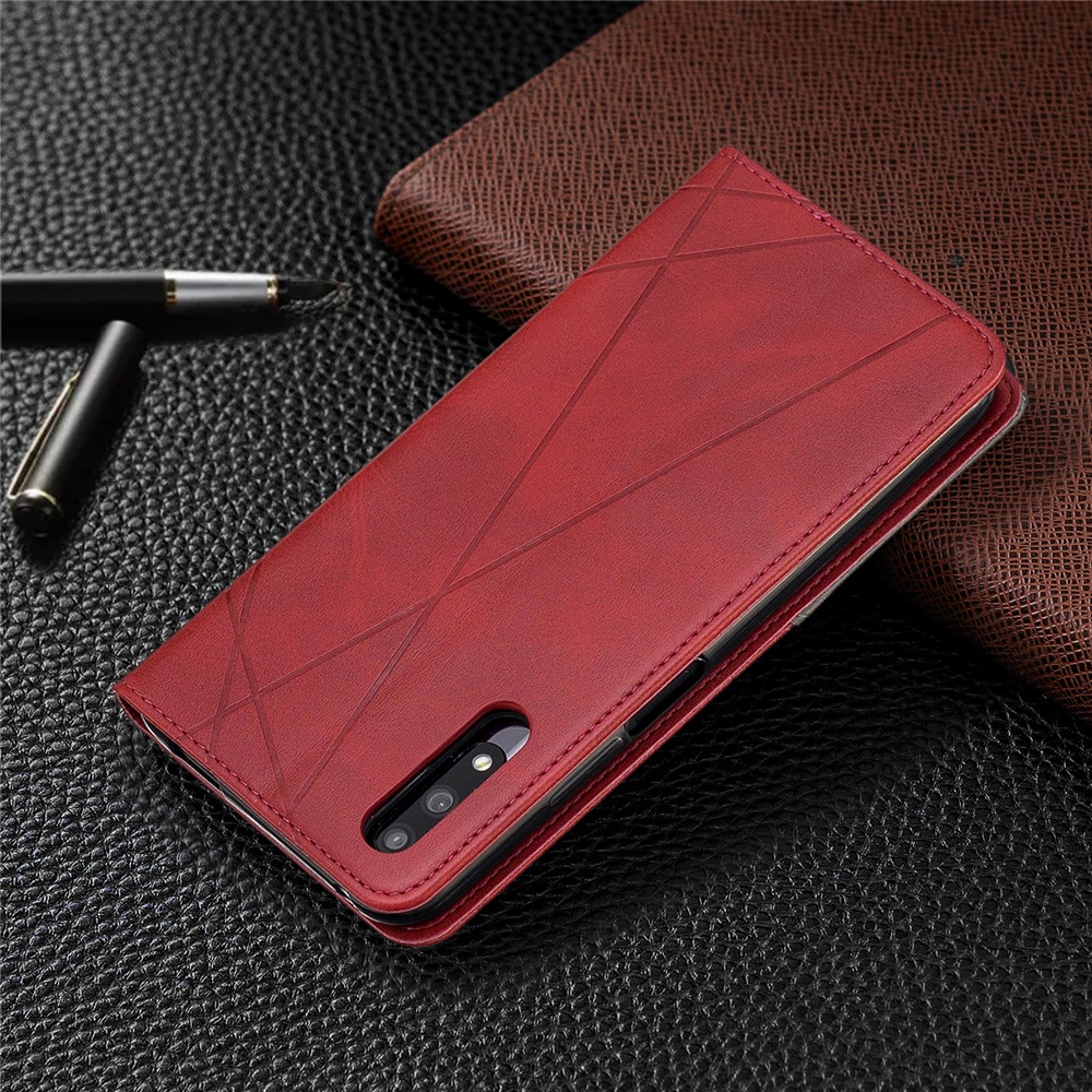 Estuche de Titular de Tarjetas de Cuero de Patrón Geométrico Para Huawei Honor 9x (para China) / 9x Pro - Rojo