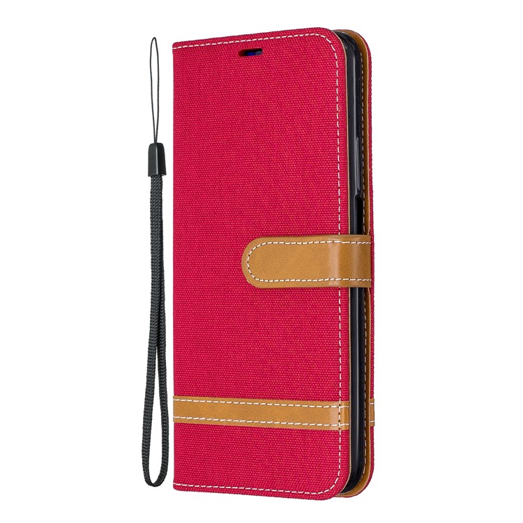 Color Splicing Jeans Cloth Skin Wallet Stand Leather Flip Phone Case for Huawei Honor 9X/9X Pro - Red-2