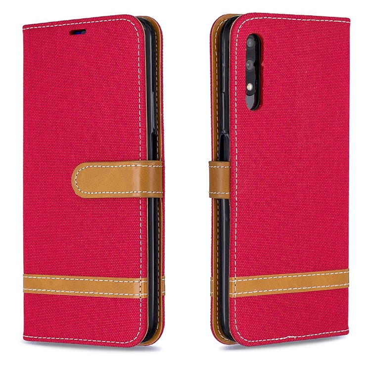 Color Splicing Jeans Cloth Skin Wallet Stand Leather Flip Phone Case for Huawei Honor 9X/9X Pro - Red-4