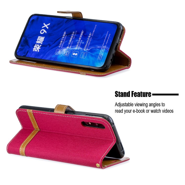 Color Splicing Jeans Cloth Skin Wallet Stand Leather Flip Phone Case for Huawei Honor 9X/9X Pro - Red-5