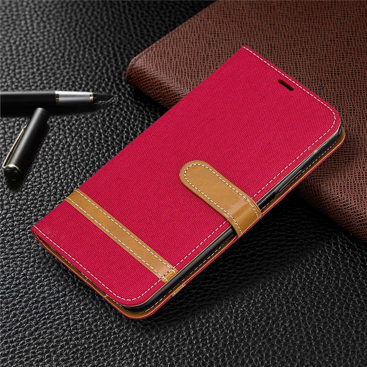 Color Splicing Jeans Cloth Skin Wallet Stand Leather Flip Phone Case for Huawei Honor 9X/9X Pro - Red-7