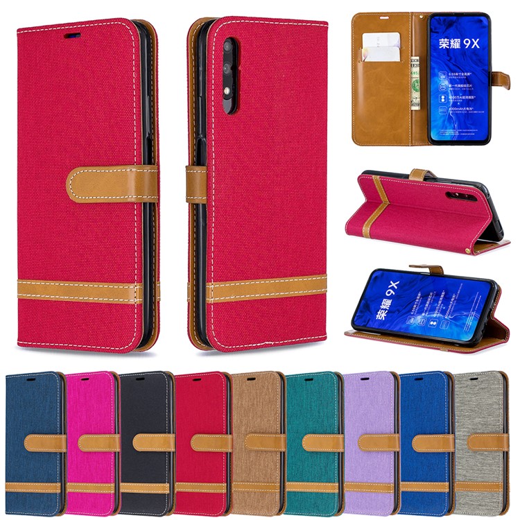 Color Splicing Jeans Cloth Skin Wallet Stand Leather Flip Phone Case for Huawei Honor 9X/9X Pro - Red-9