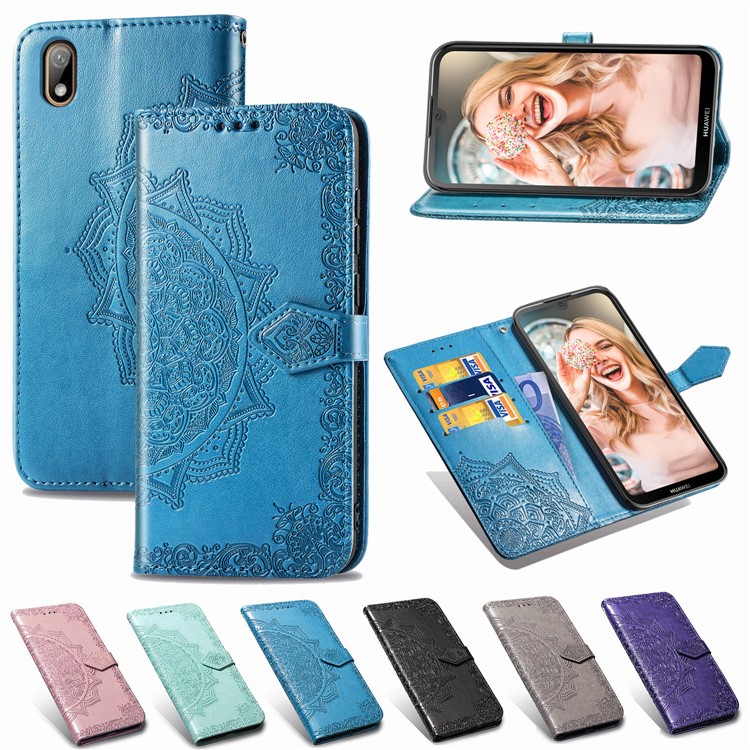 Embossed Mandala Flower Leather Wallet Case for Huawei Y5 (2019) - Blue-12