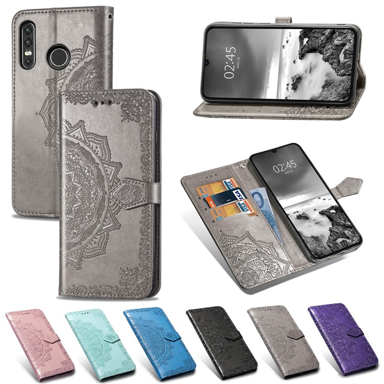 Embossed Mandala Flower Cell Phone Leather Wallet Case for Huawei P30 Lite / nova 4e - Grey-10