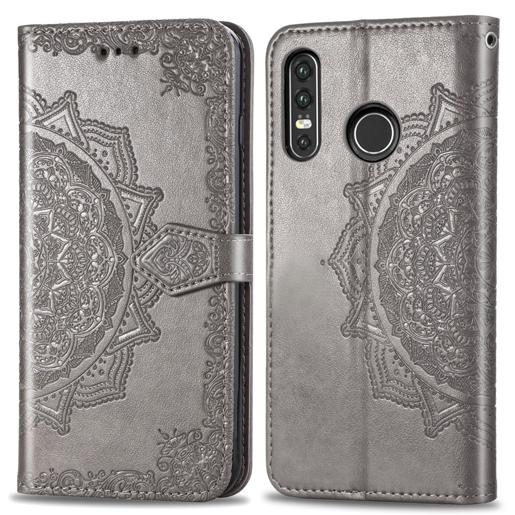 Embossed Mandala Flower Cell Phone Leather Wallet Case for Huawei P30 Lite / nova 4e - Grey-2