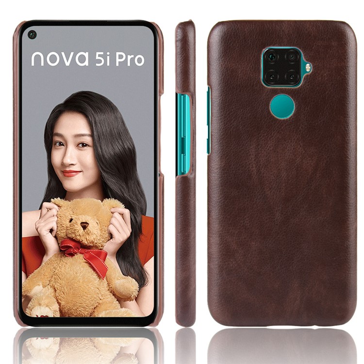 Litchi Skin Leather Coated Hard PC Case for Huawei Mate 30 Lite / nova 5i Pro - Brown-1