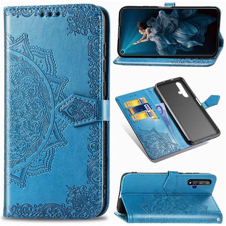 Embossed Mandala Flower Leather Wallet Case for Huawei Honor 20 / Nova 5T - Blue-1