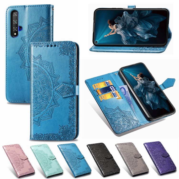 Caixa de Carteira de Couro de Flor de Mandala em Relevo Para Huawei Honor 20s / Honra 20 / Nova 5t - Azul-12