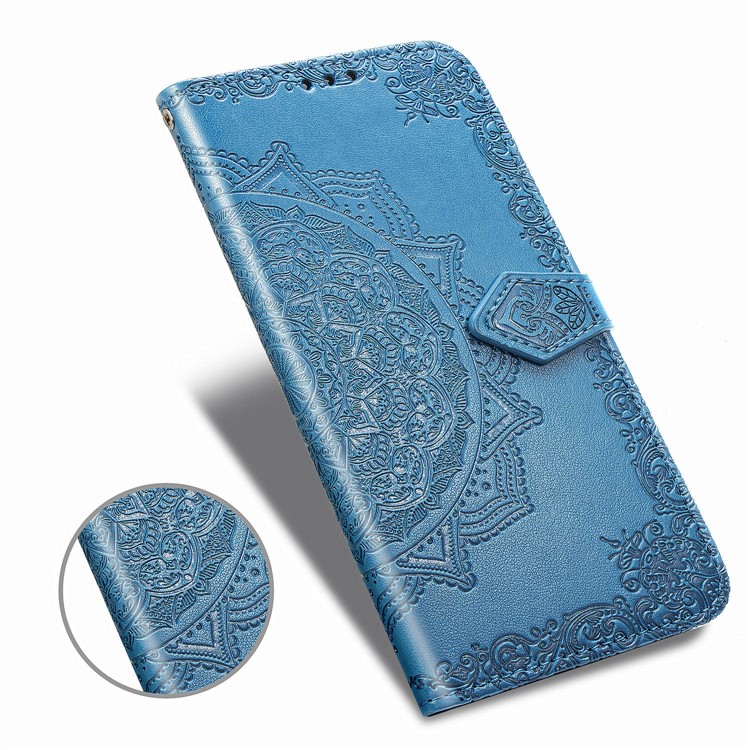 Caixa de Carteira de Couro de Flor de Mandala em Relevo Para Huawei Honor 20s / Honra 20 / Nova 5t - Azul-9