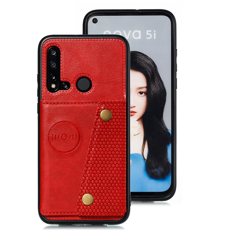 Magnetic Kickstand Leather Coated TPU Card Holder Cell Phone Cover for Huawei P20 lite (2019) / nova 5i - Red-2