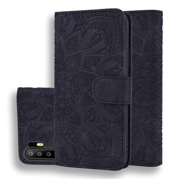 Imprint Mandala Flower Stand Wallet Leather Case Shell Cover for Huawei P30 Pro - Black-1